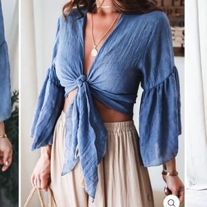 Ohm boutique demi denim tie front top